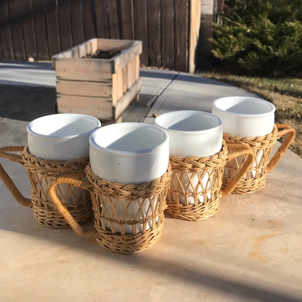 Vintage wicker mug set of 4 boho chic ceramic mug in wicker with handles - Picture 2 of 5